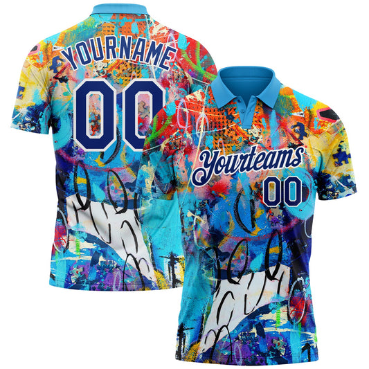 Custom Graffiti Pattern Royal-White 3D Performance Golf Polo Shirt - Main View
