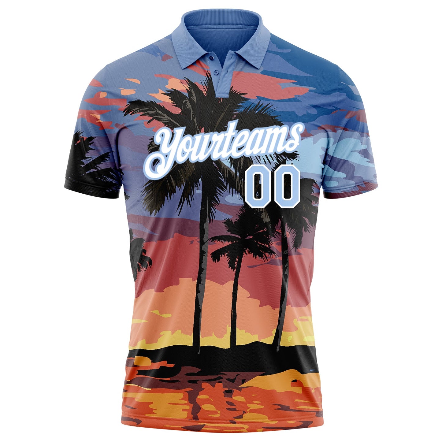 Custom Light Blue White 3D Pattern Design Hawaii Palm Trees Performance Golf Polo Shirt view 2
