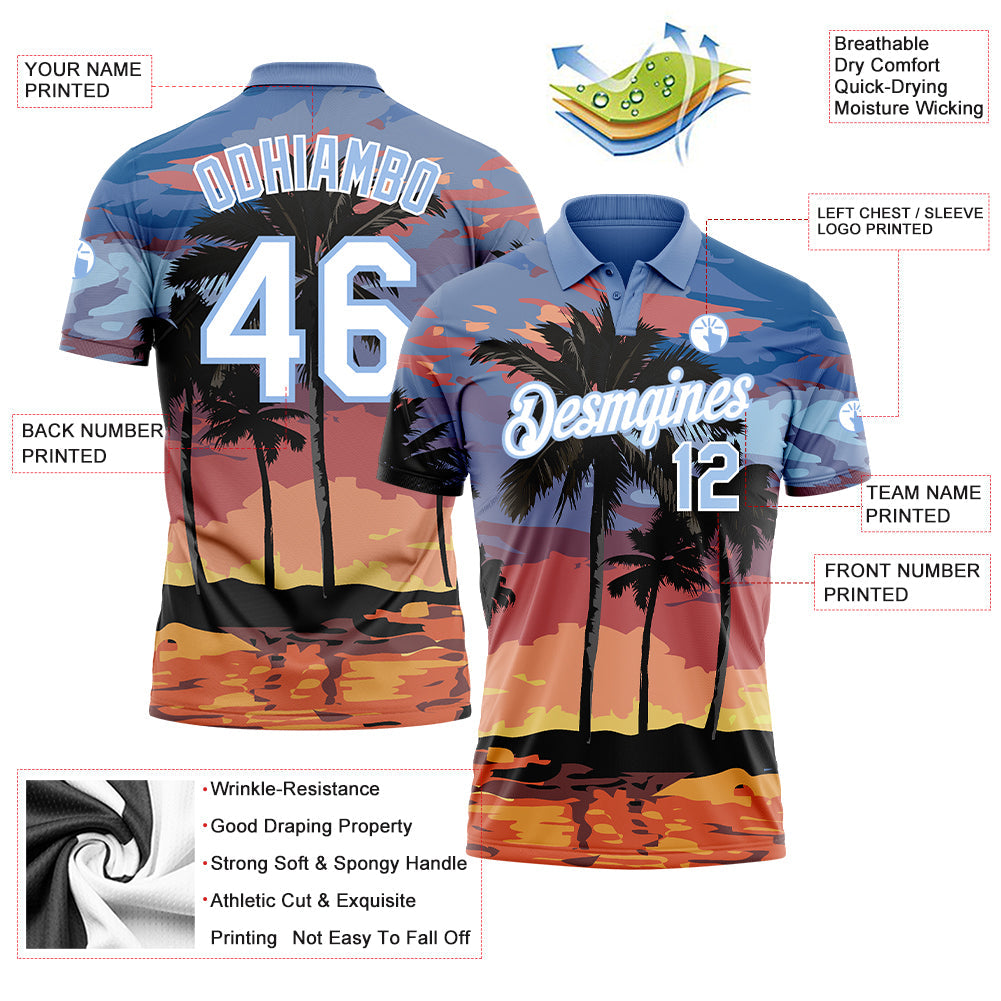 Custom Light Blue White 3D Pattern Design Hawaii Palm Trees Performance Golf Polo Shirt view 3