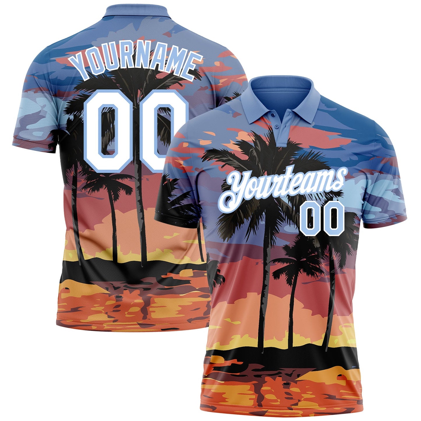 Custom Light Blue White 3D Pattern Design Hawaii Palm Trees Performance Golf Polo Shirt - Main View