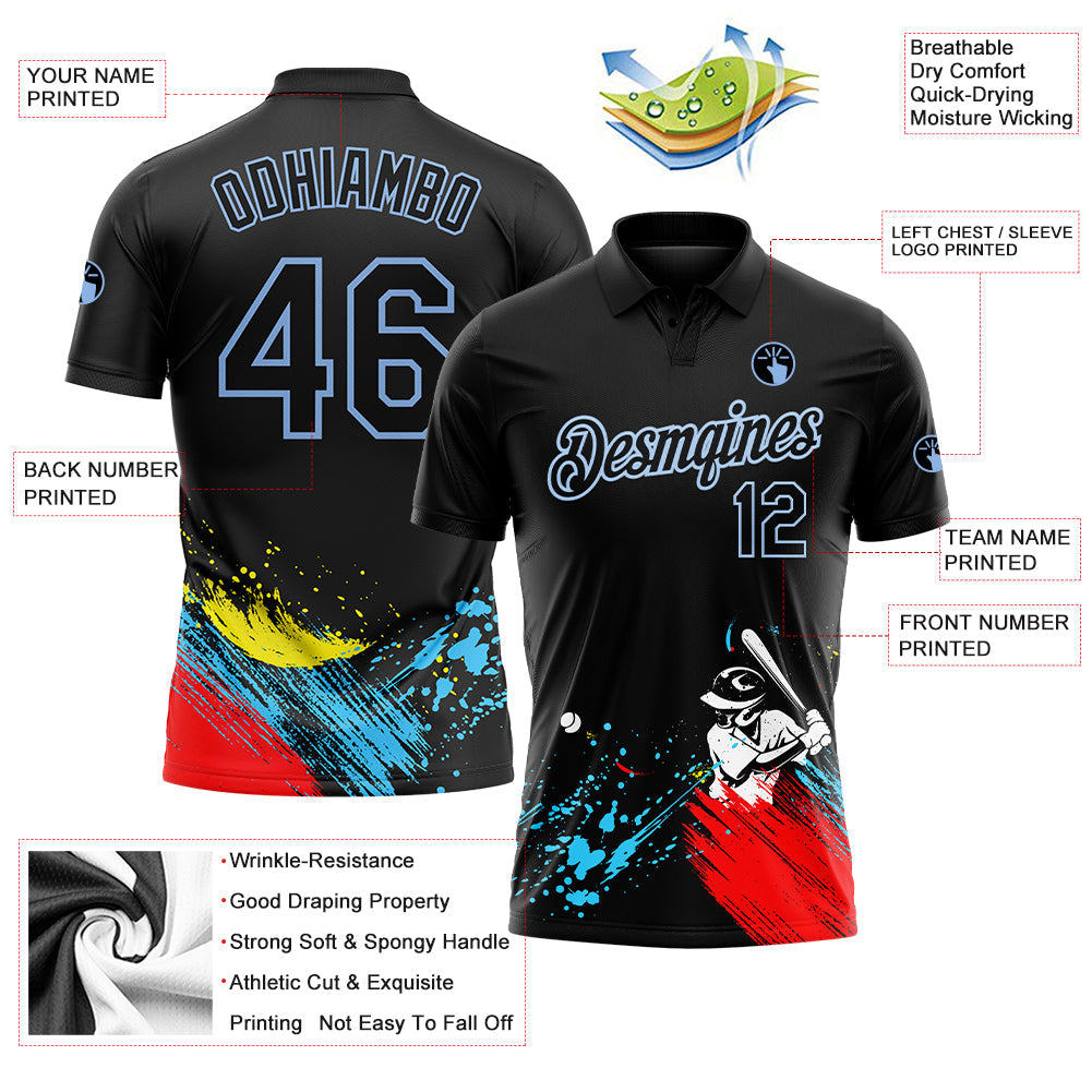 Custom Graffiti Pattern Black-Light Blue 3D Performance Golf Polo Shirt view 3