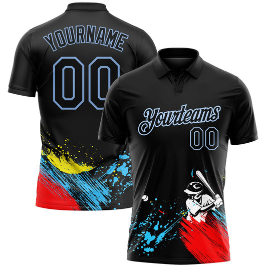 Custom Graffiti Pattern Black-Light Blue 3D Performance Golf Polo Shirt - Main View