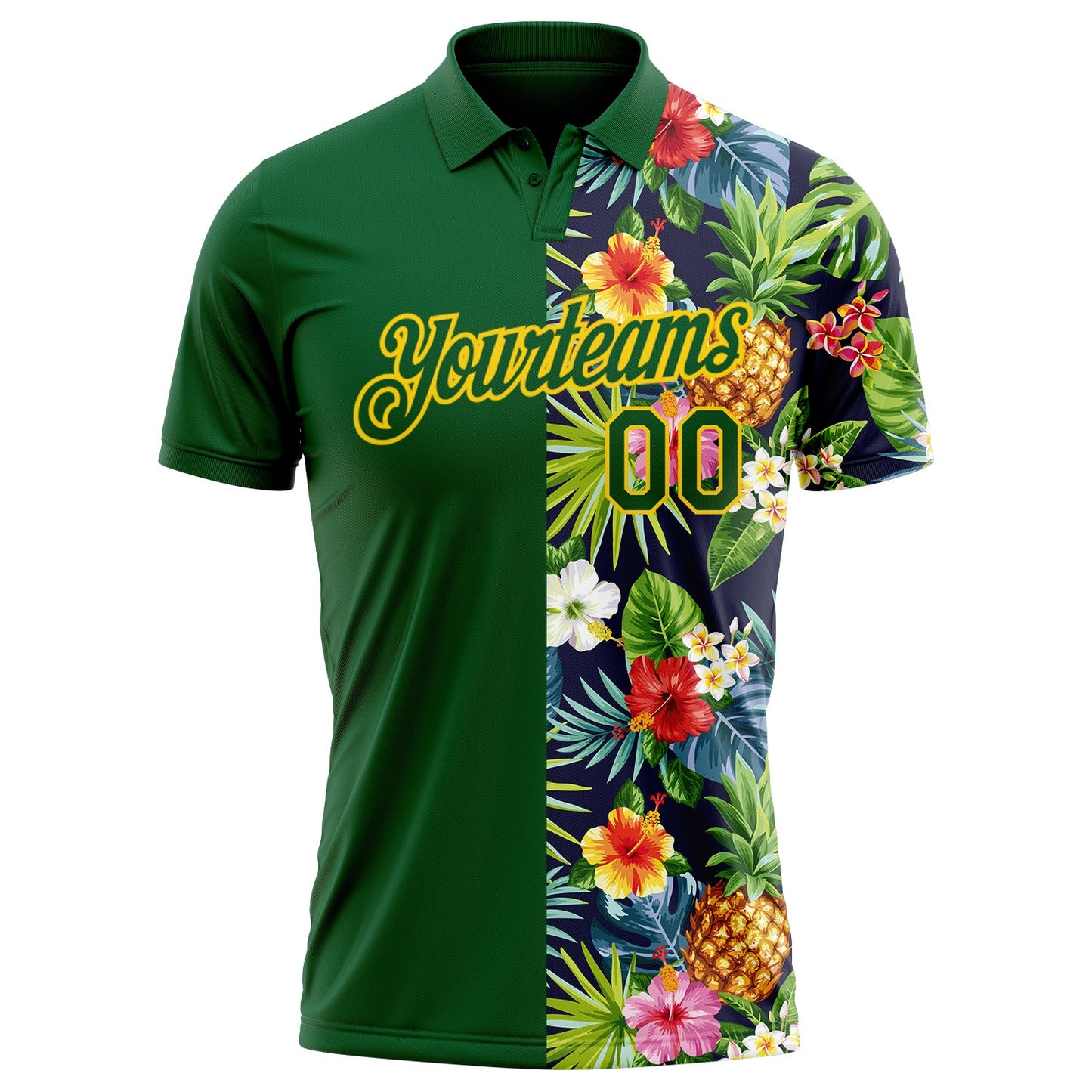 Custom Green Yellow 3D Pattern Design Tropical Pattern With Pineapples Palm Leaves And Flowers Performance Golf Polo Shirt view 2