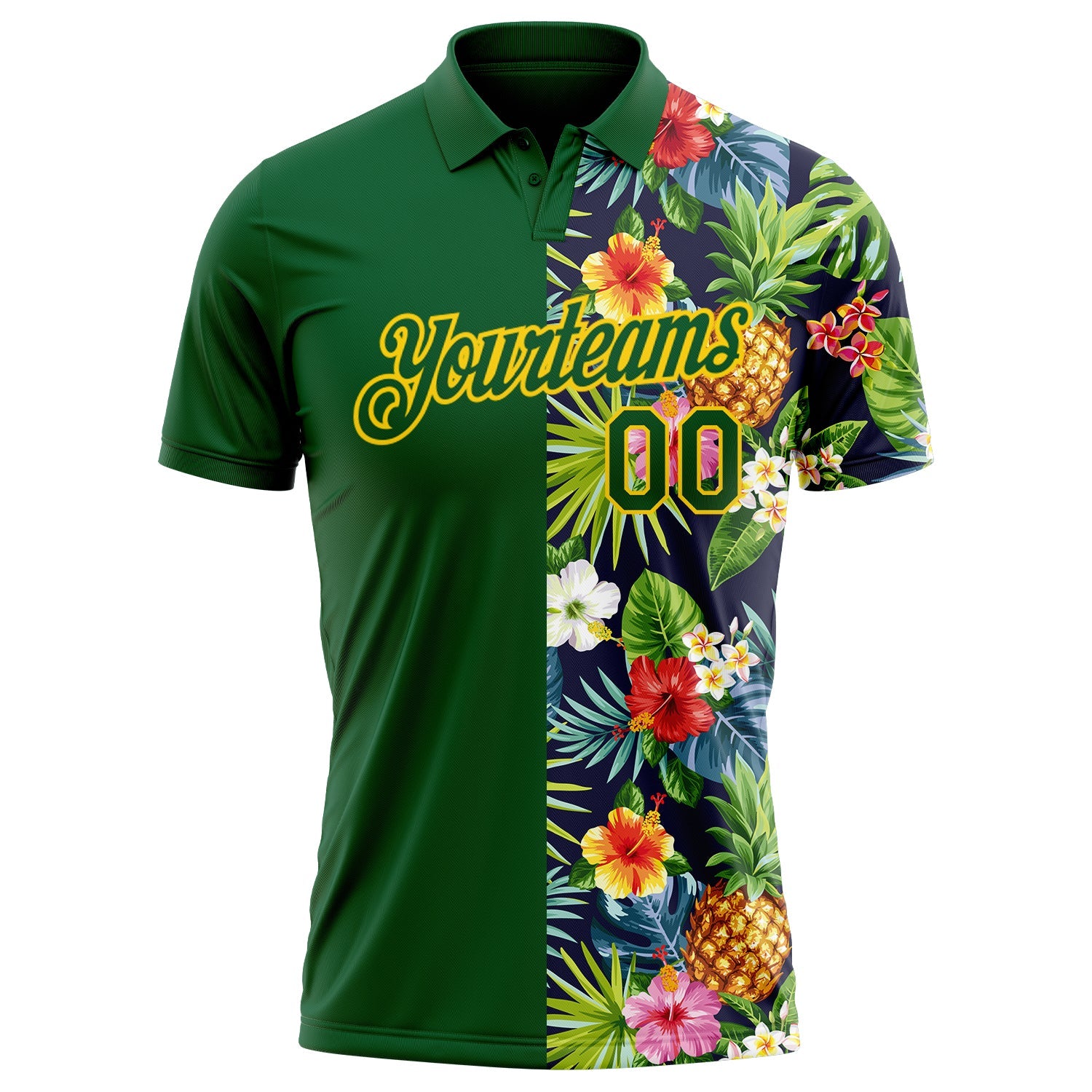 Custom Green Yellow 3D Pattern Design Tropical Pattern With Pineapples Palm Leaves And Flowers Performance Golf Polo Shirt view 2