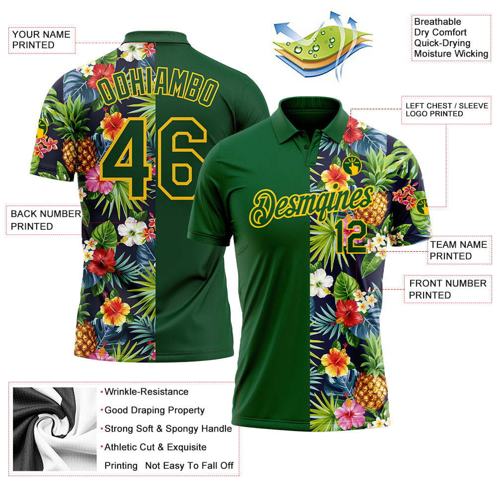 Custom Green Yellow 3D Pattern Design Tropical Pattern With Pineapples Palm Leaves And Flowers Performance Golf Polo Shirt view 3