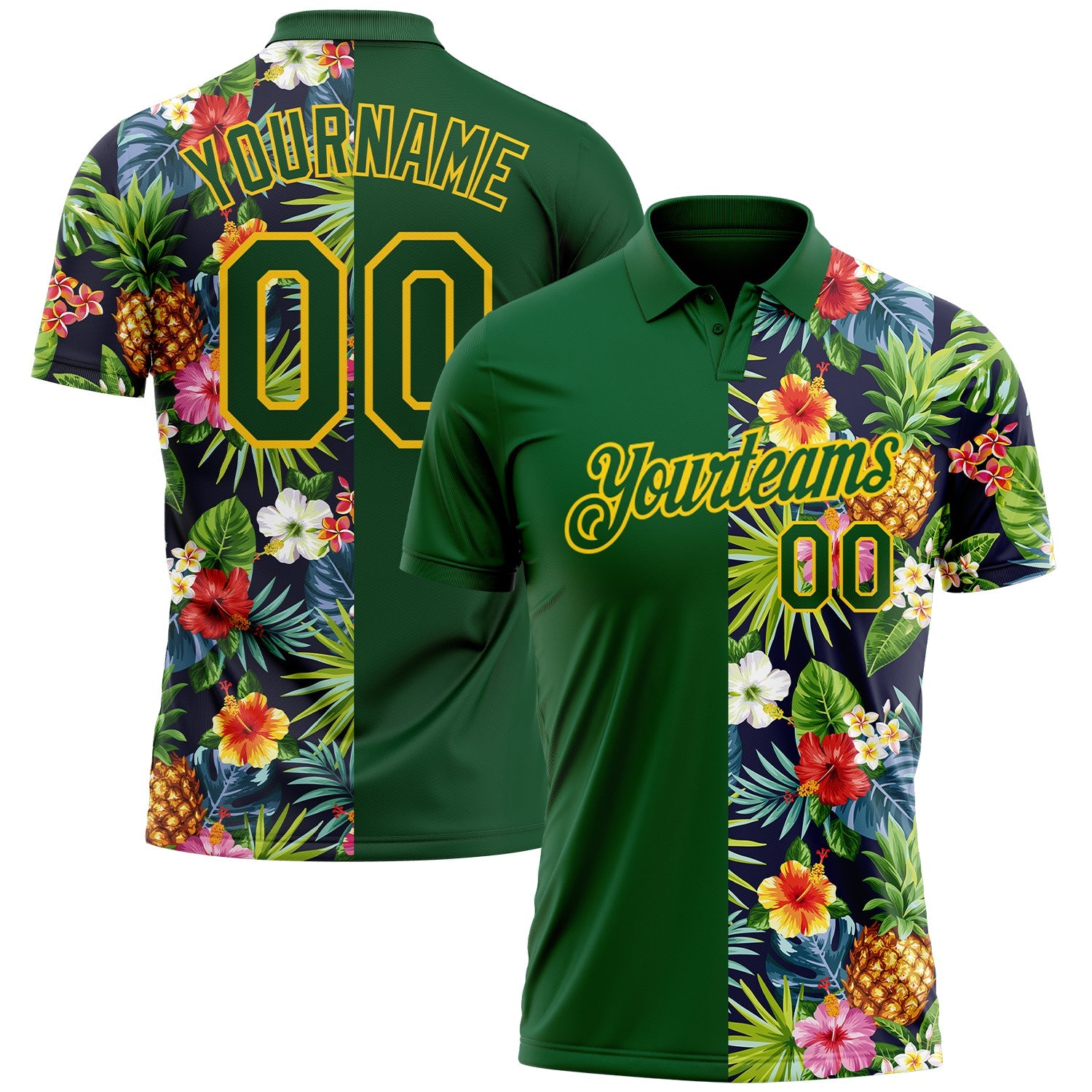 Custom Green Yellow 3D Pattern Design Tropical Pattern With Pineapples Palm Leaves And Flowers Performance Golf Polo Shirt - Main View