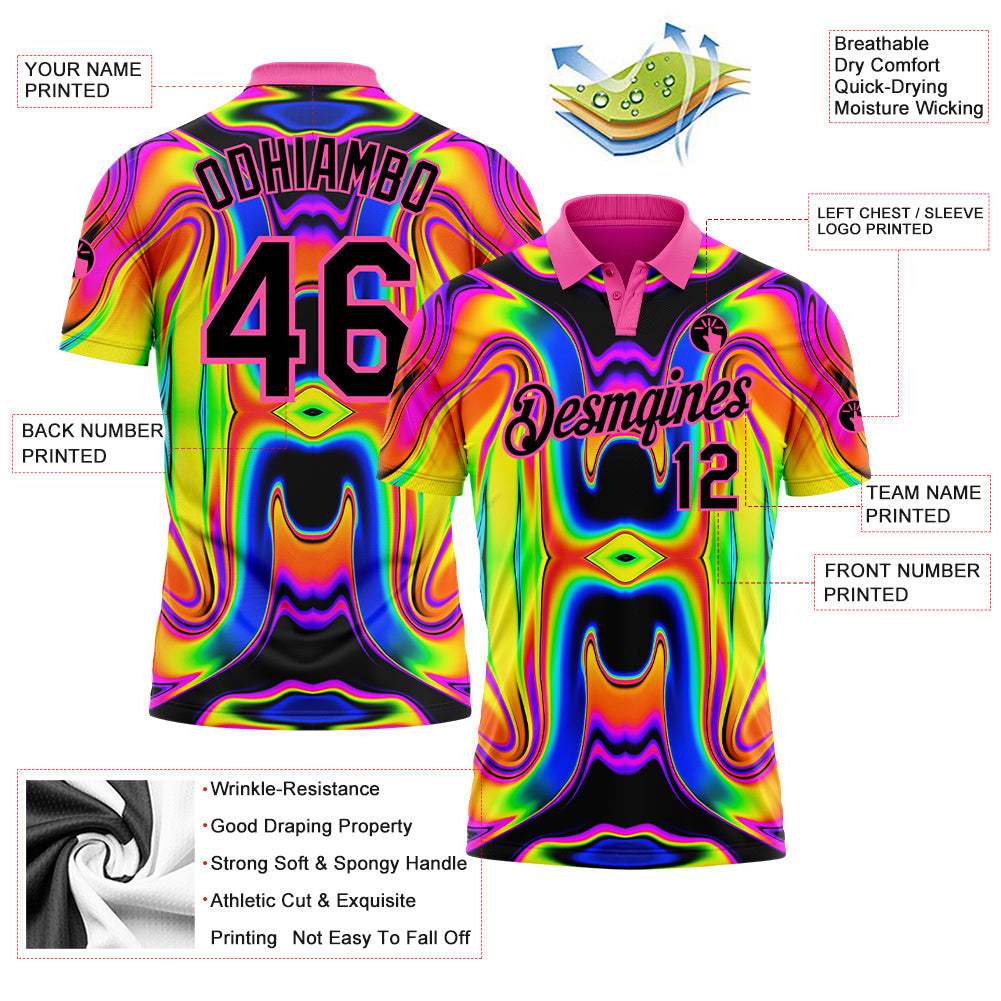 Custom Pink Black 3D Pattern Design Abstract Iridescent Psychedelic Swirl Fluid Art Performance Golf Polo Shirt view 3