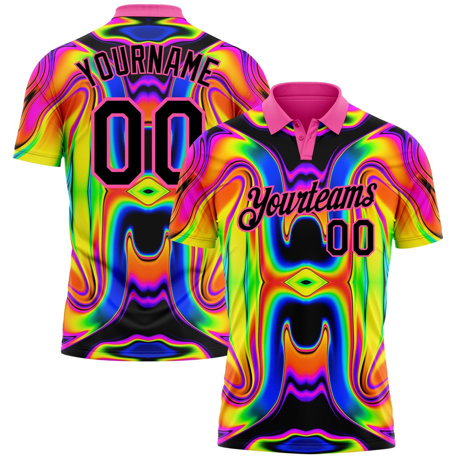 Custom Pink Black 3D Pattern Design Abstract Iridescent Psychedelic Swirl Fluid Art Performance Golf Polo Shirt - Main View