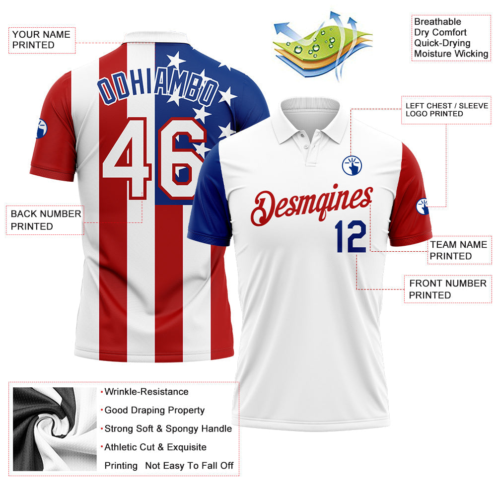Custom White Red-Royal 3D American Flag Performance Golf Polo Shirt view 3