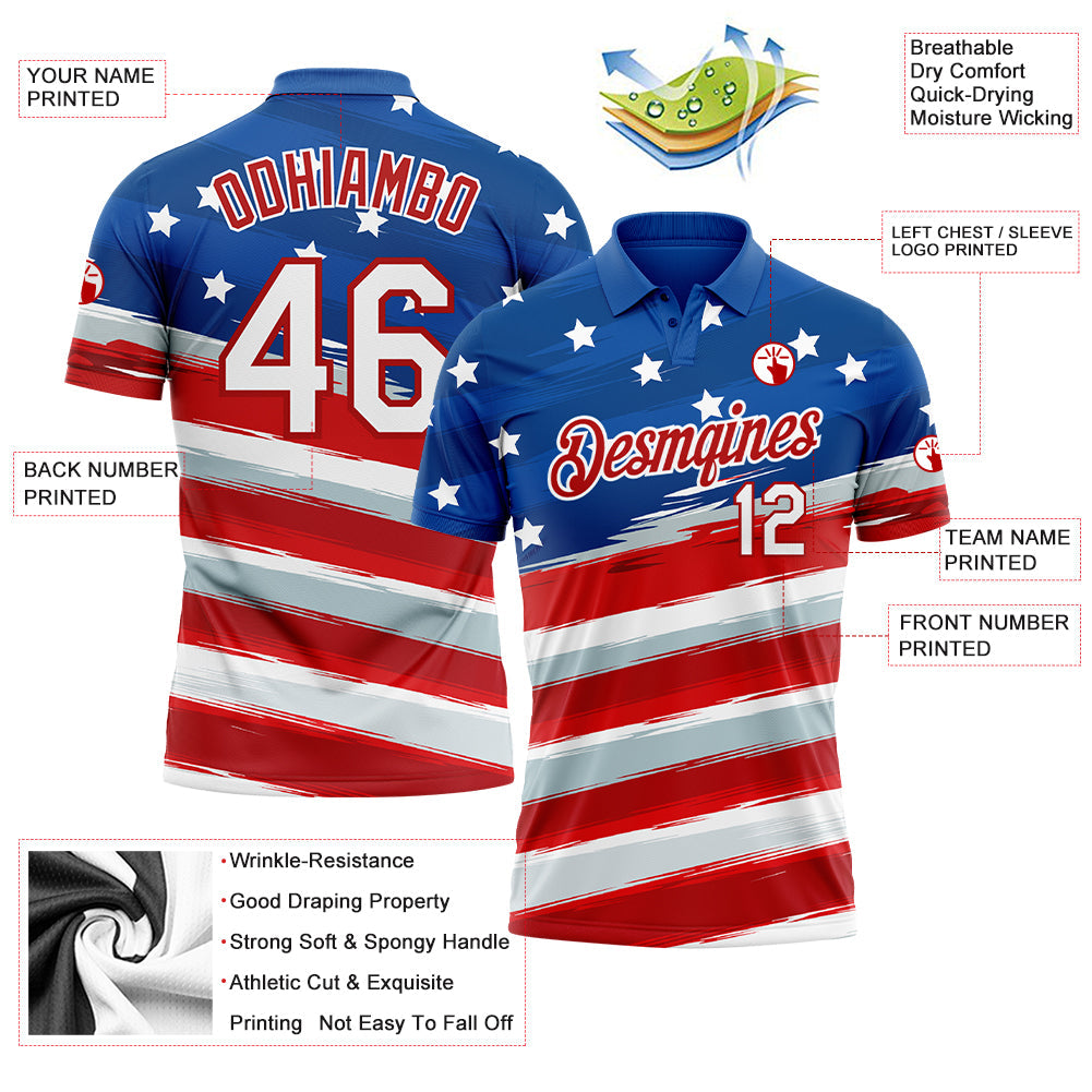 Custom Royal White-Red 3D American Flag Performance Golf Polo Shirt view 3