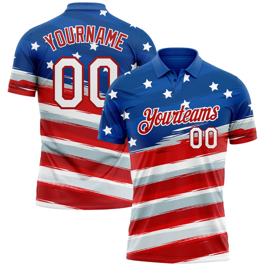 Custom Royal White-Red 3D American Flag Performance Golf Polo Shirt - Main View