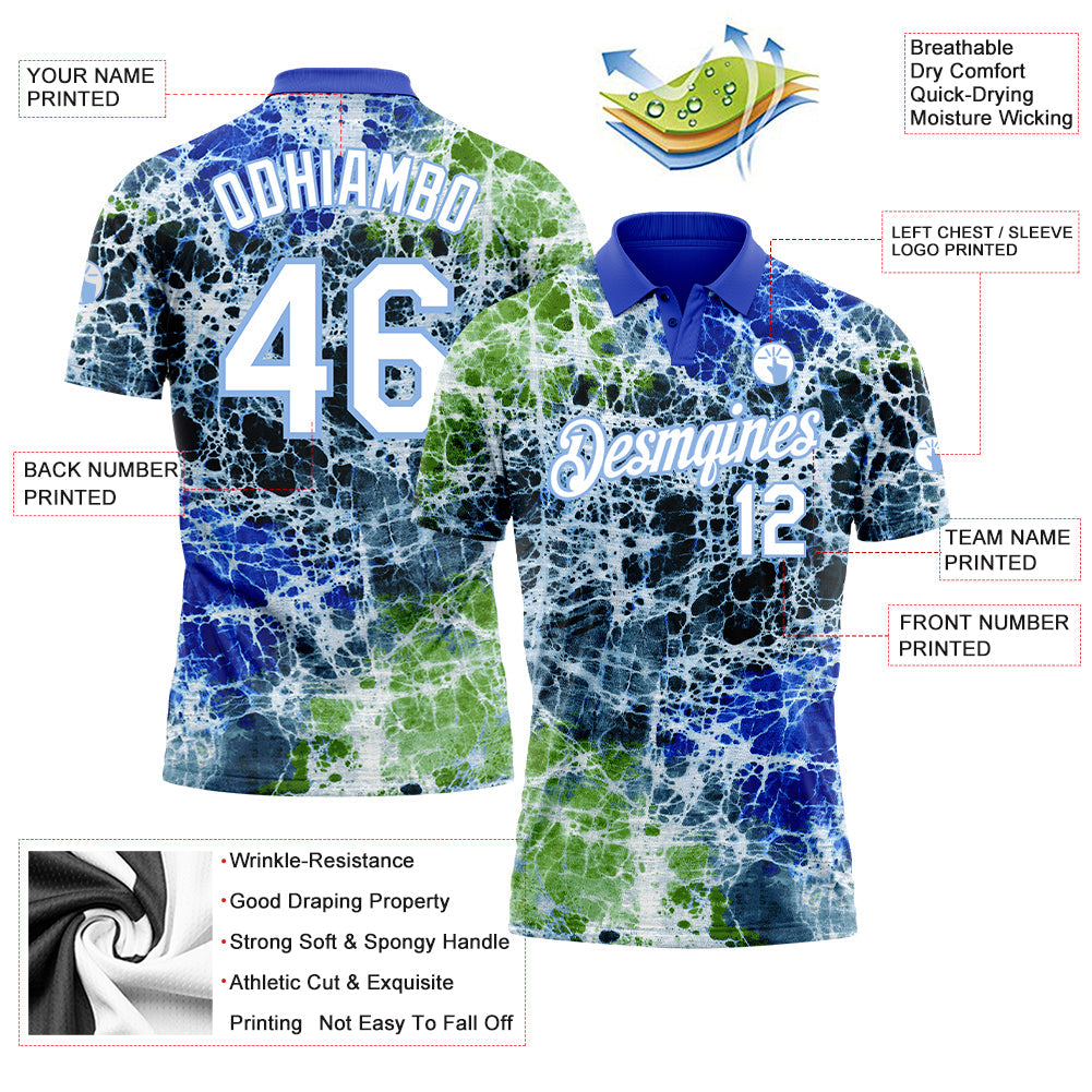 Custom Tie Dye White-Light Blue 3D Performance Golf Polo Shirt view 3