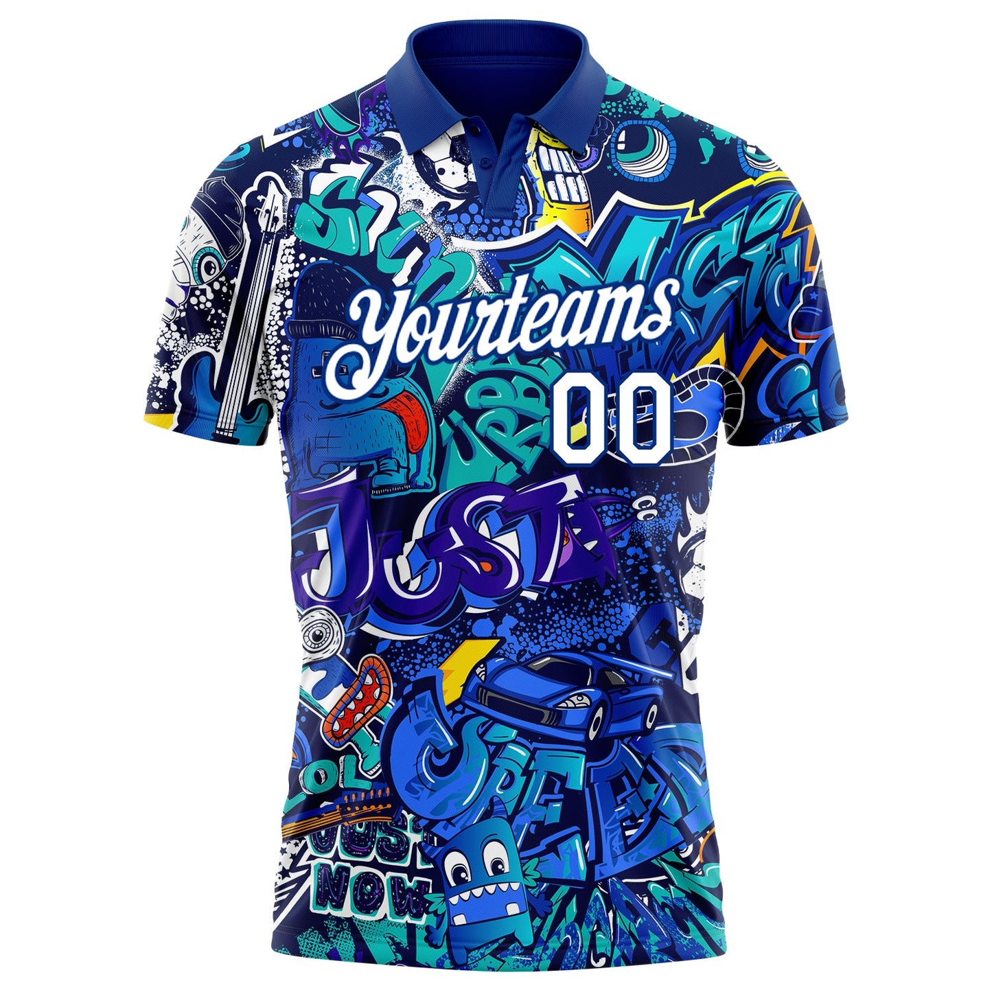 Custom Graffiti Pattern White-Royal 3D Performance Golf Polo Shirt view 2