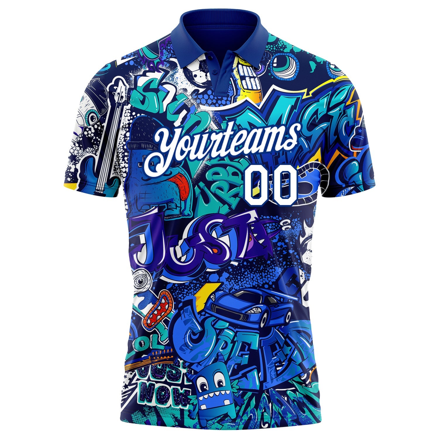 Custom Graffiti Pattern White-Royal 3D Performance Golf Polo Shirt view 2