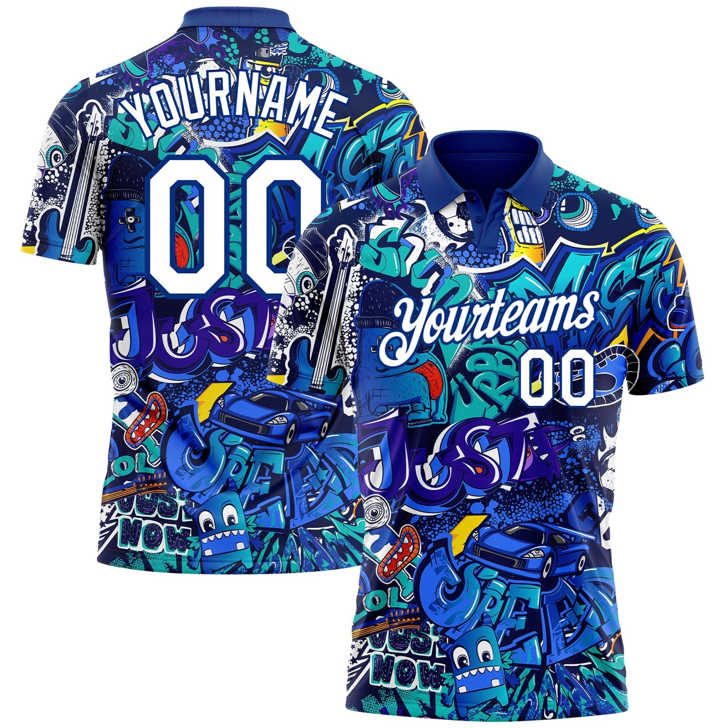 Custom Graffiti Pattern White-Royal 3D Performance Golf Polo Shirt - Main View