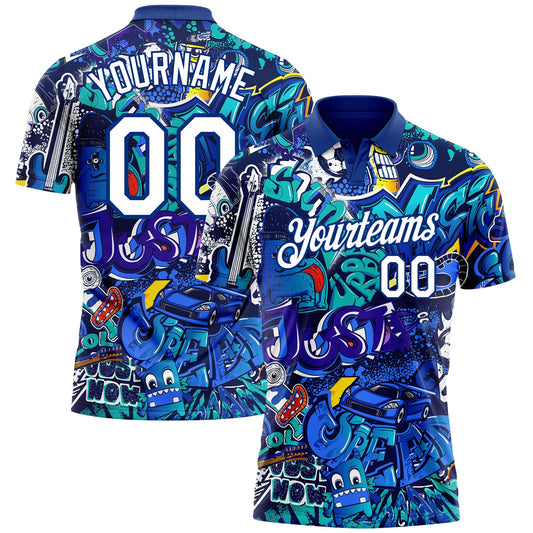 Custom Graffiti Pattern White-Royal 3D Performance Golf Polo Shirt - Main View