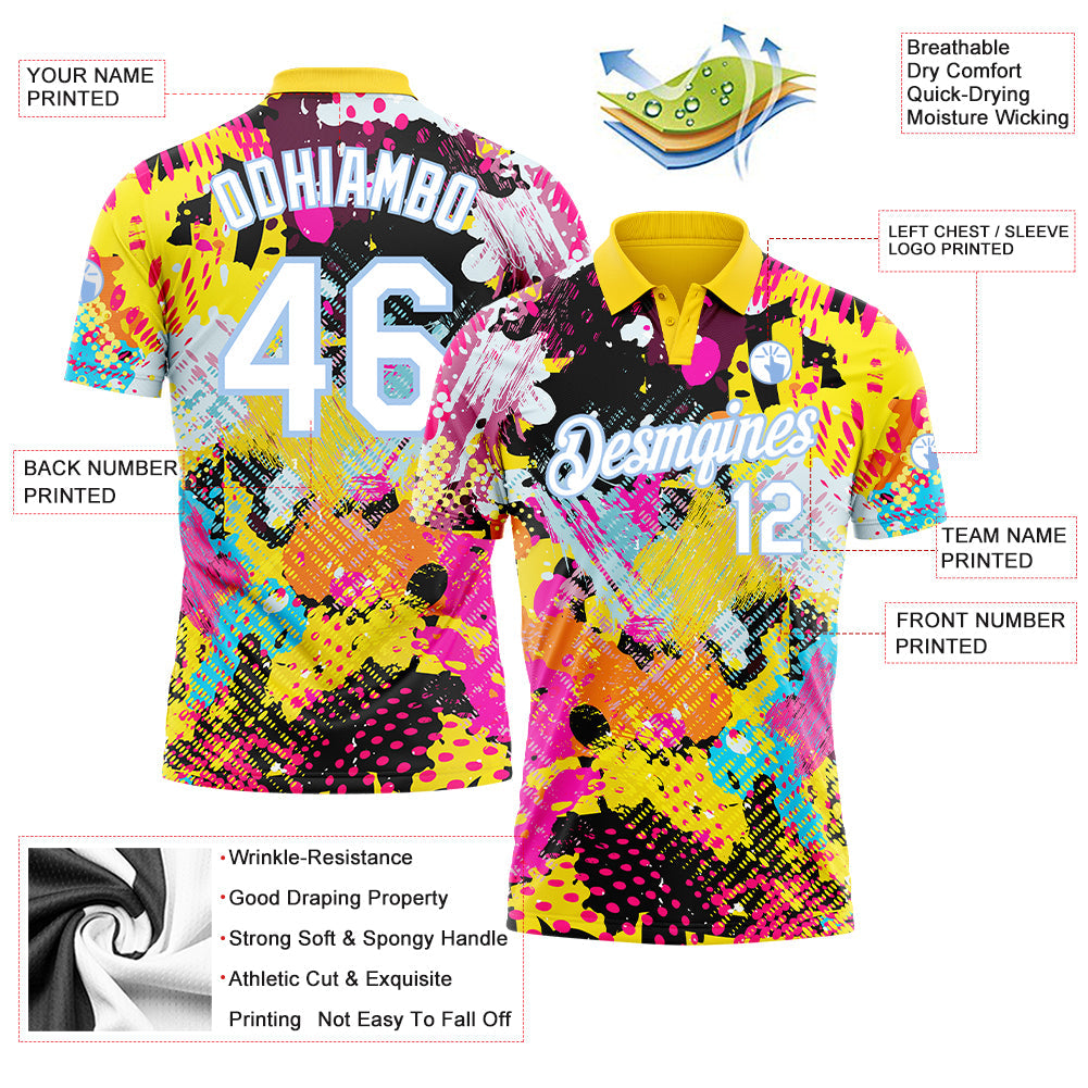 Custom Graffiti Pattern White-Light Blue 3D Bright Psychedelic Performance Golf Polo Shirt view 3