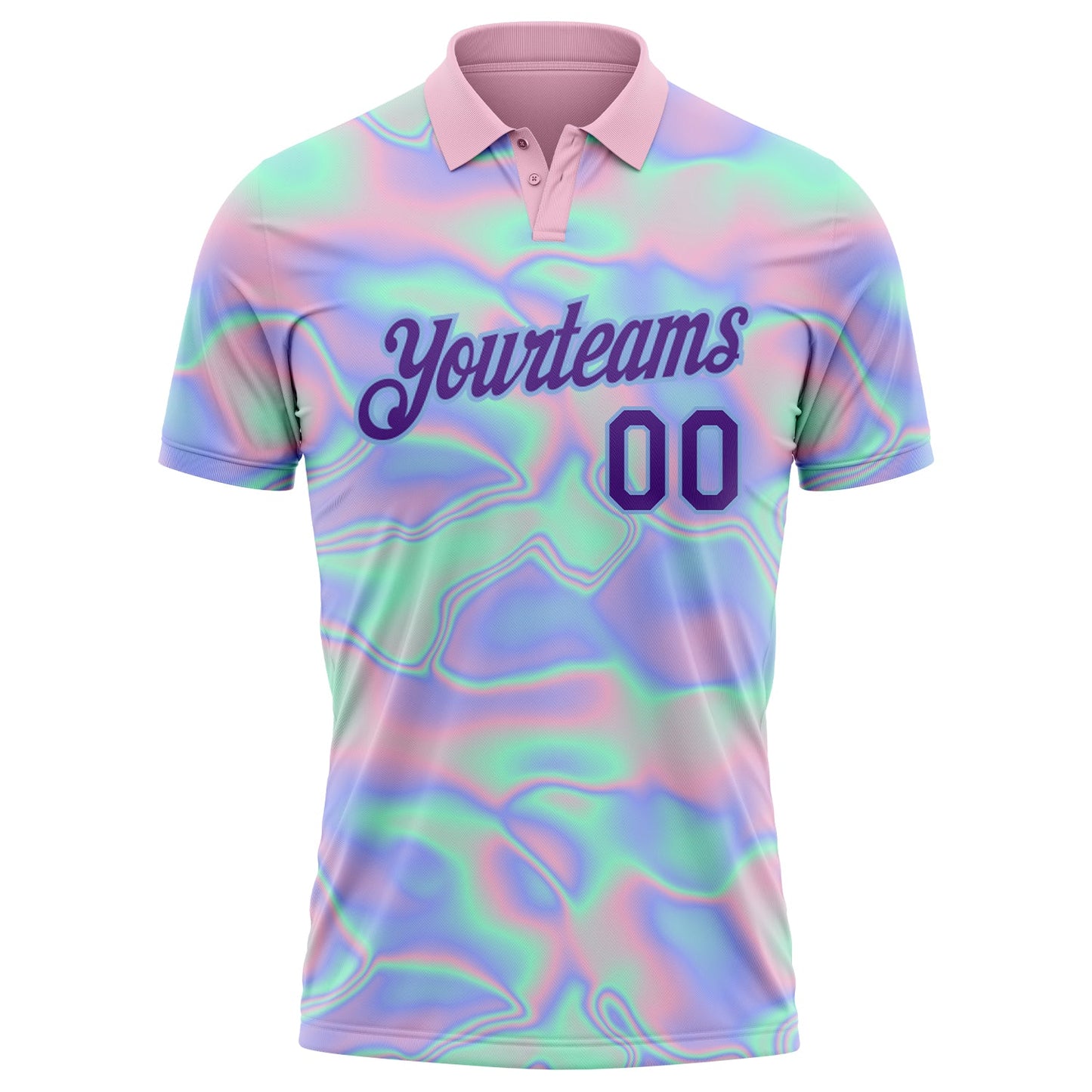 Custom Light Blue Purple 3D Pattern Design Abstract Trendy Holographic Vaporwave Style Performance Golf Polo Shirt view 2