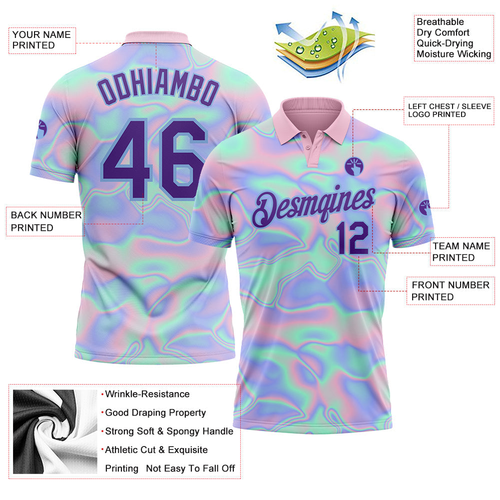 Custom Light Blue Purple 3D Pattern Design Abstract Trendy Holographic Vaporwave Style Performance Golf Polo Shirt view 3