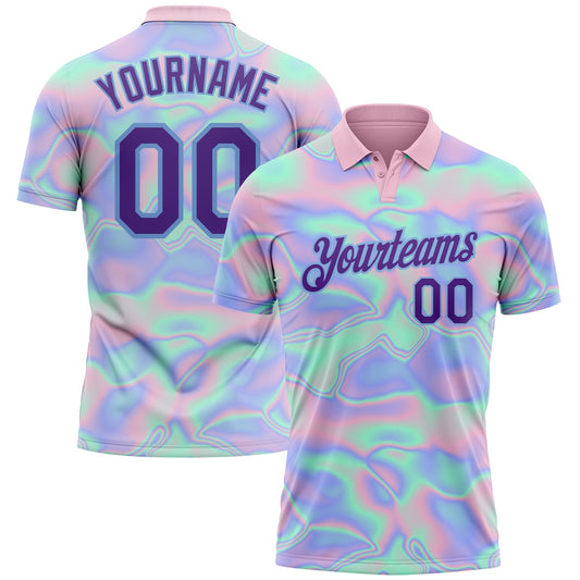 Custom Light Blue Purple 3D Pattern Design Abstract Trendy Holographic Vaporwave Style Performance Golf Polo Shirt - Main View