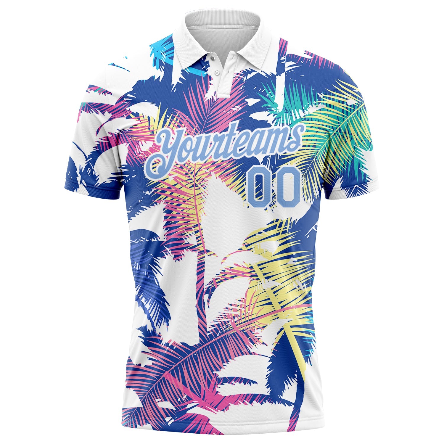Custom White Light Blue 3D Pattern Design Hawaii Palm Trees Performance Golf Polo Shirt view 2