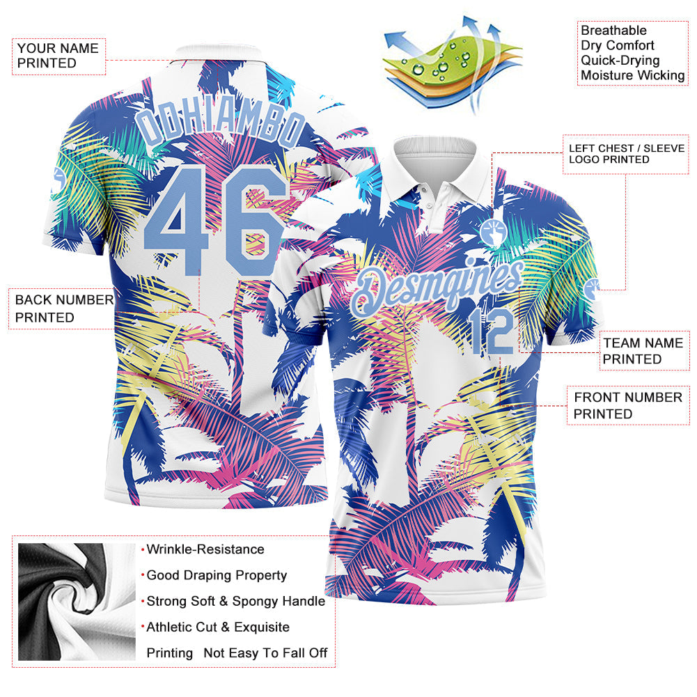 Custom White Light Blue 3D Pattern Design Hawaii Palm Trees Performance Golf Polo Shirt view 3