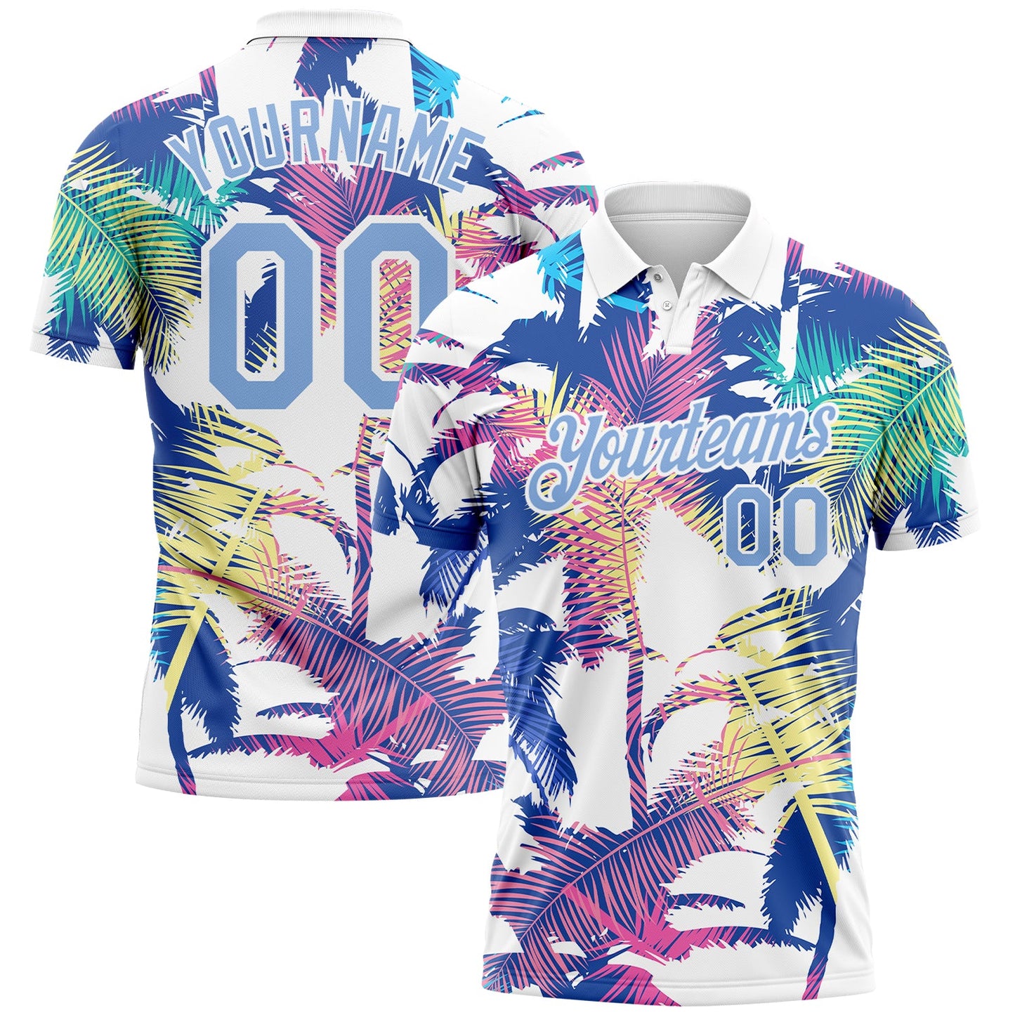 Custom White Light Blue 3D Pattern Design Hawaii Palm Trees Performance Golf Polo Shirt - Main View