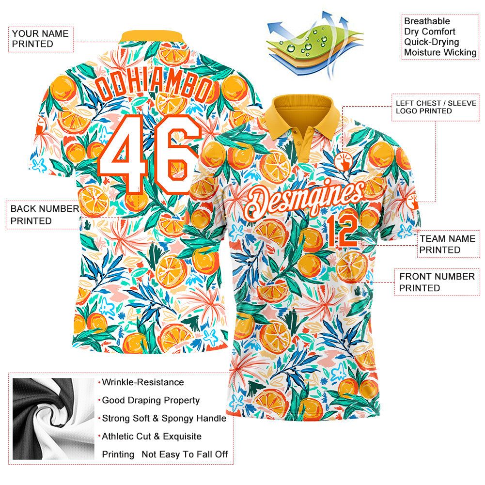 Custom Orange White 3D Pattern Design Fruits Performance Golf Polo Shirt view 3