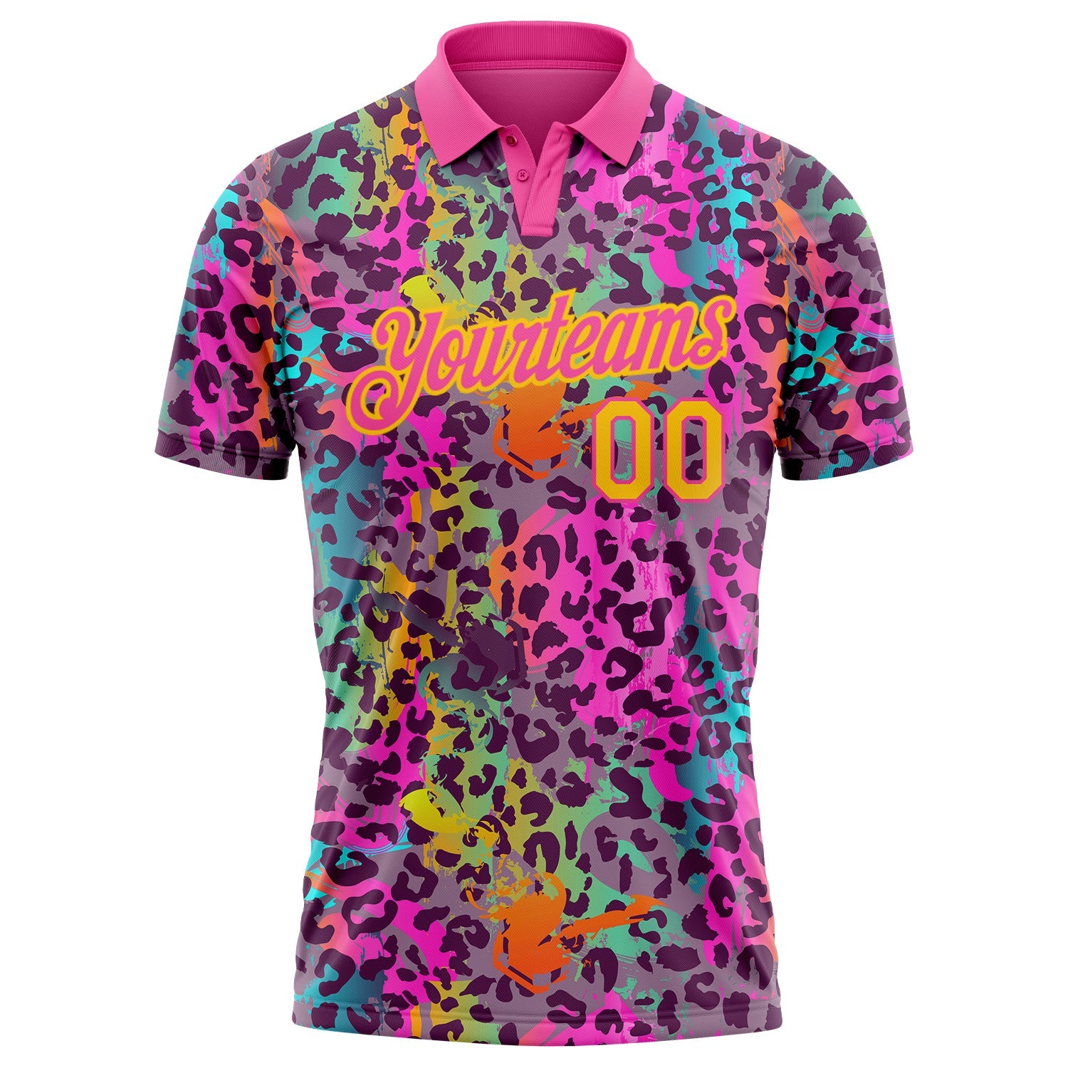 Custom Graffiti Pattern Yellow-Pink 3D Colorful Leopard Print Performance Golf Polo Shirt view 2