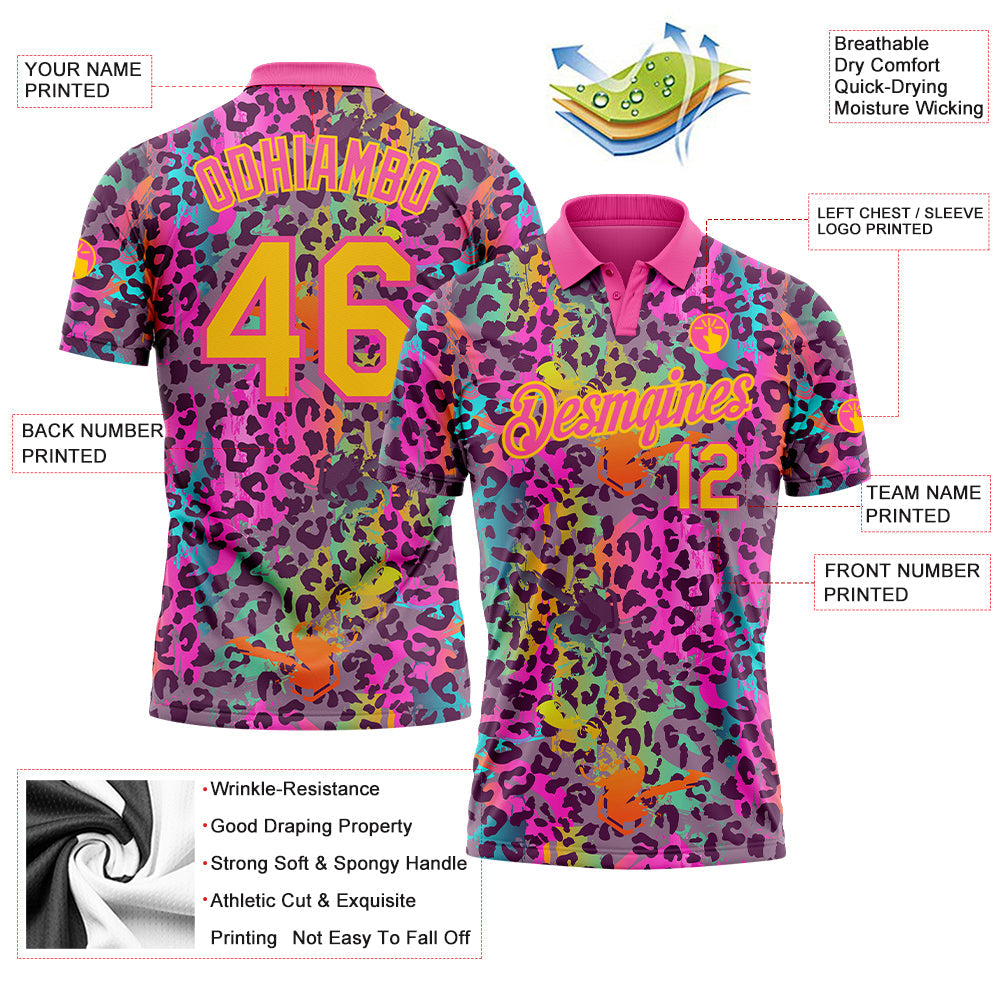 Custom Graffiti Pattern Yellow-Pink 3D Colorful Leopard Print Performance Golf Polo Shirt view 3
