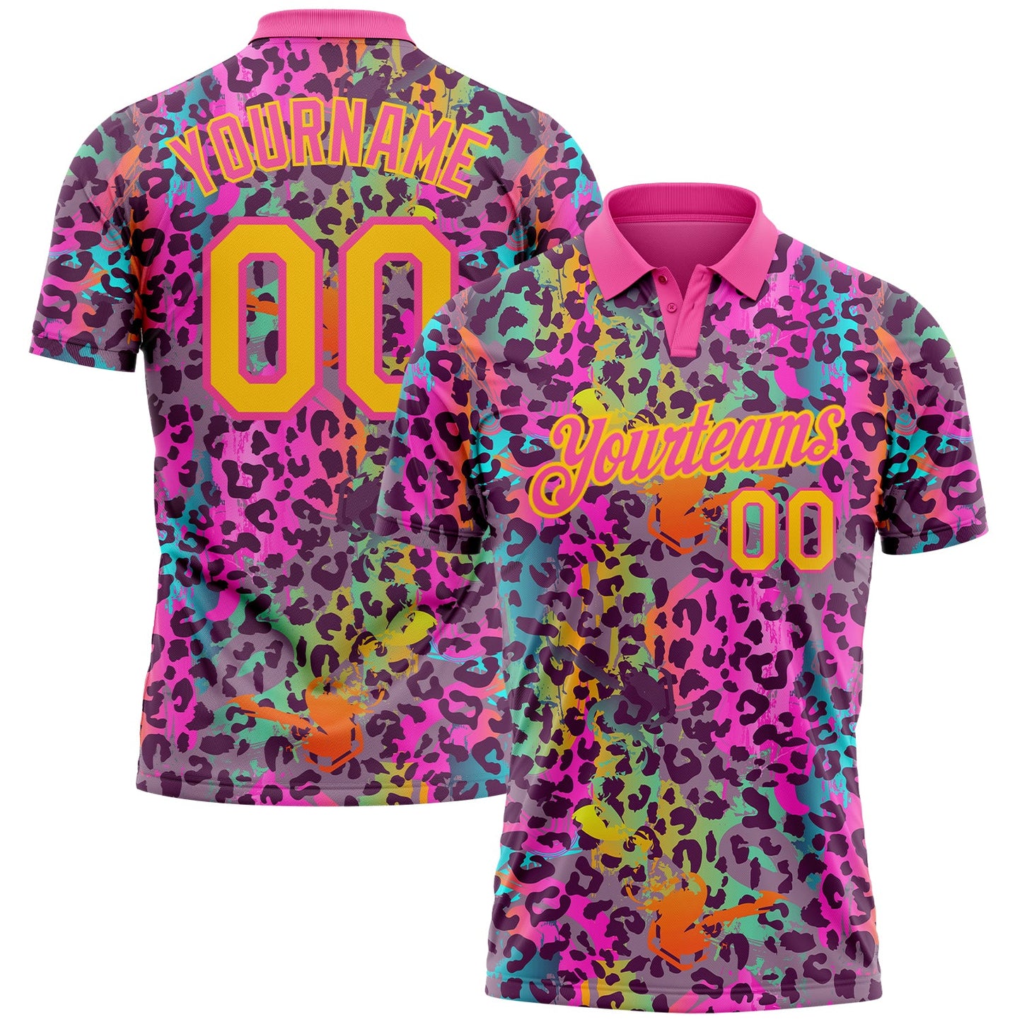 Custom Graffiti Pattern Yellow-Pink 3D Colorful Leopard Print Performance Golf Polo Shirt - Main View