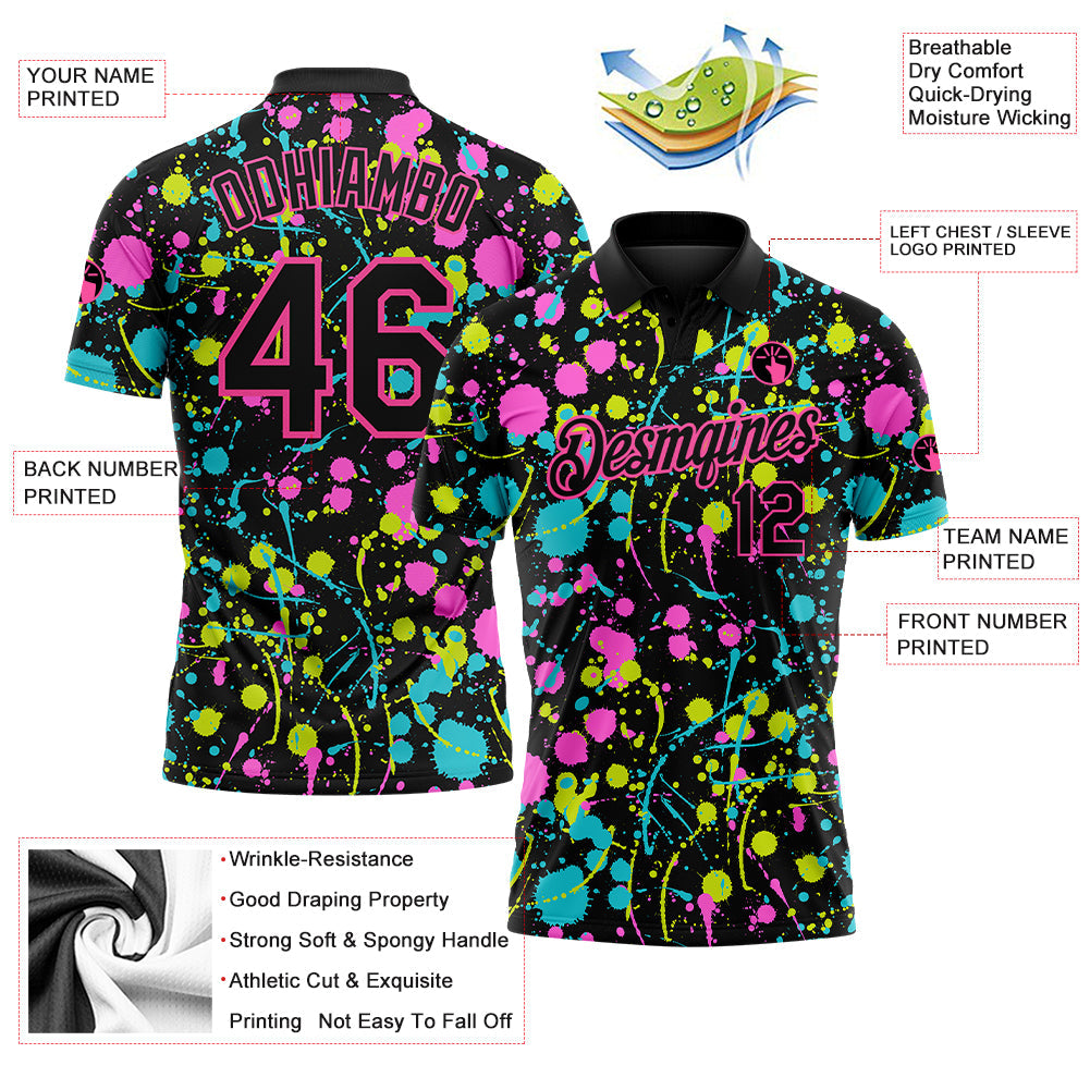 Custom Graffiti Pattern Black-Pink 3D Neon Splatter Performance Golf Polo Shirt view 3