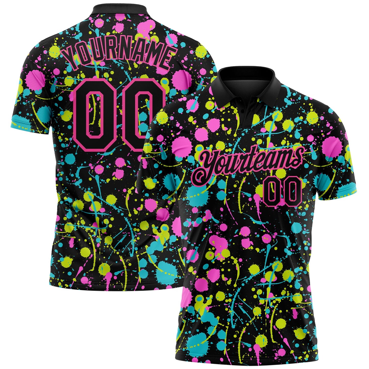 Custom Graffiti Pattern Black-Pink 3D Neon Splatter Performance Golf Polo Shirt - Main View