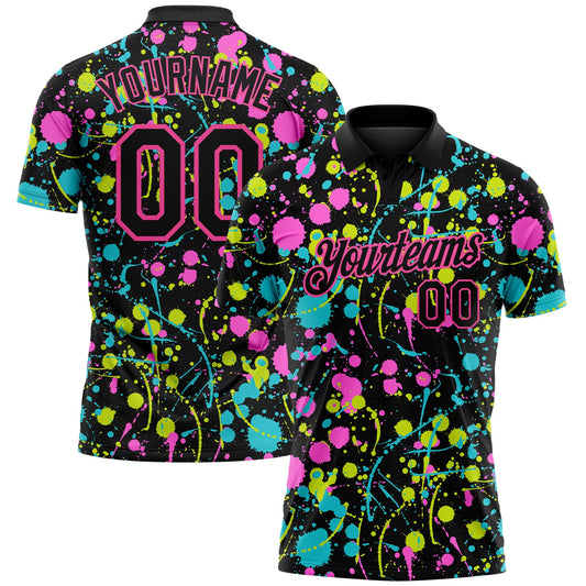 Custom Graffiti Pattern Black-Pink 3D Neon Splatter Performance Golf Polo Shirt - Main View