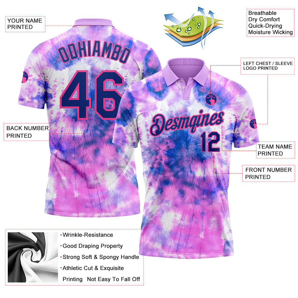 Custom Tie Dye Royal-Pink 3D Performance Golf Polo Shirt view 3