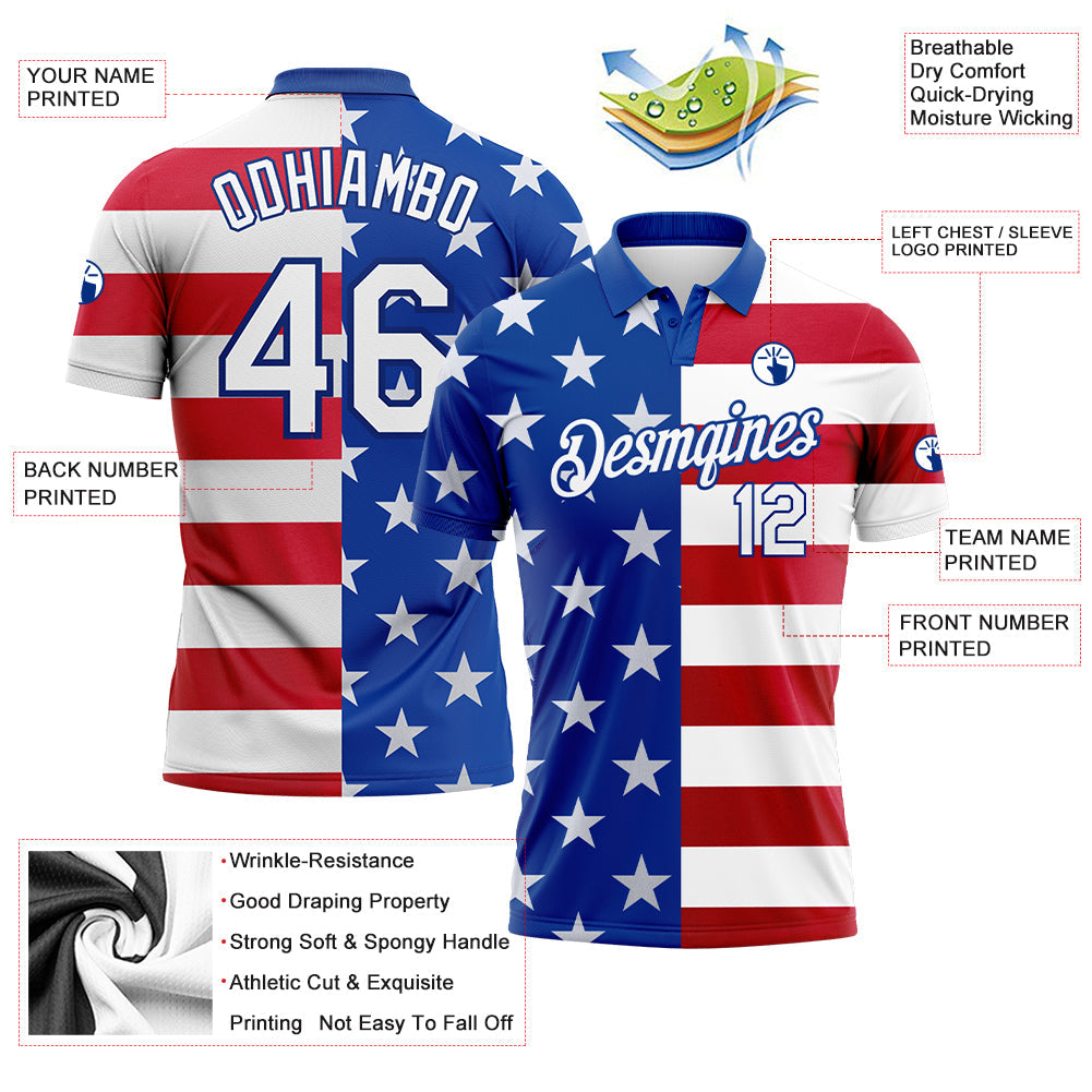 Custom Royal White Red 3D American Flag Performance Golf Polo Shirt view 3