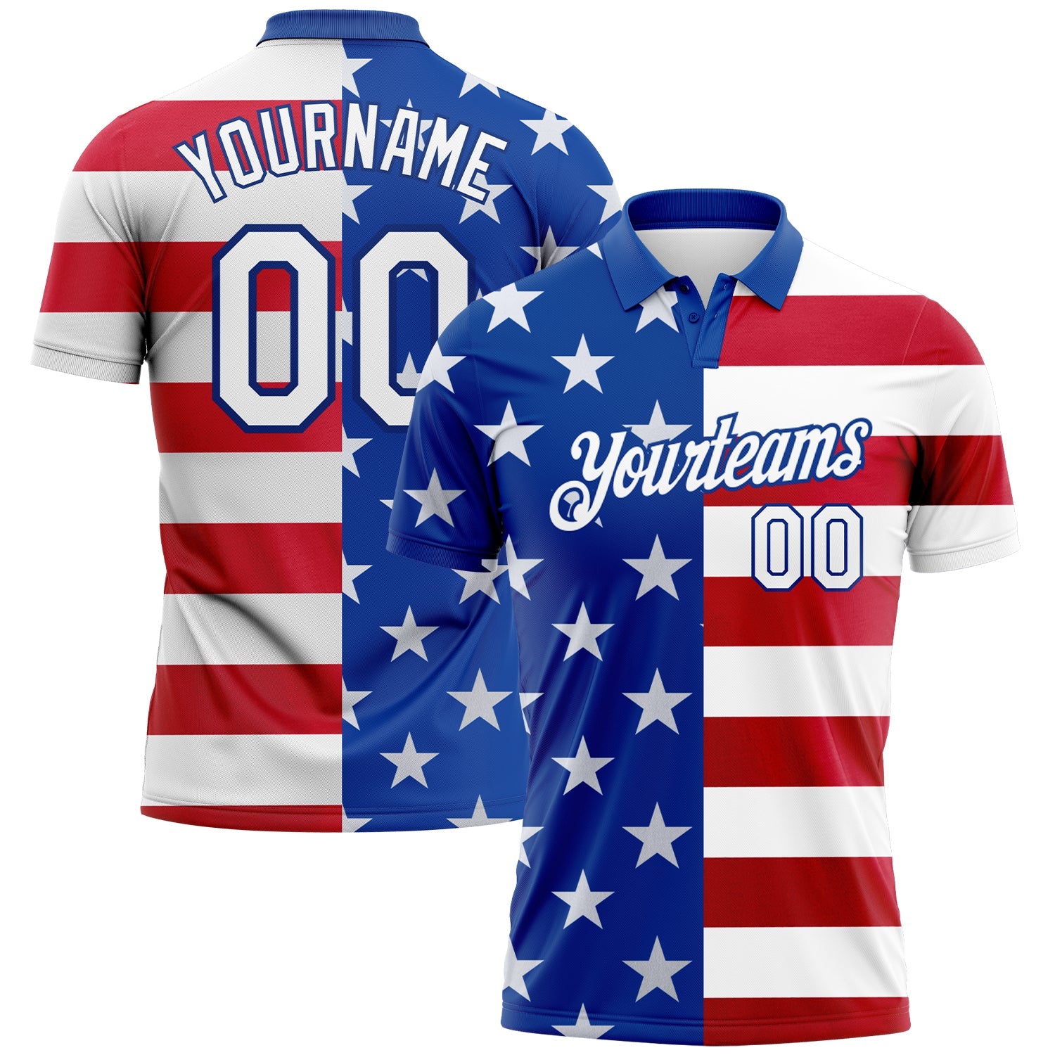 Custom Royal White Red 3D American Flag Performance Golf Polo Shirt - Main View