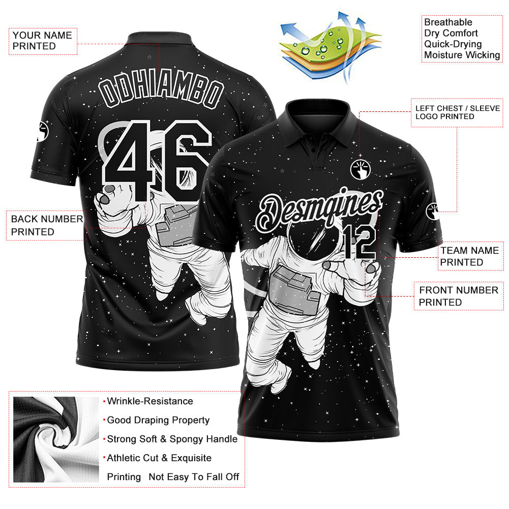 Custom Black White 3D Pattern Design Astronaut Performance Golf Polo Shirt view 3