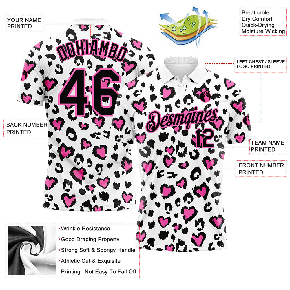 Custom White Black-Pink 3D Pattern Design Leopard Print Performance Golf Polo Shirt view 3