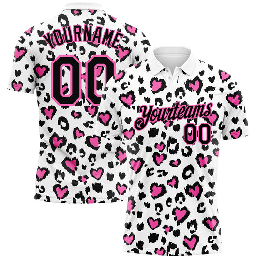 Custom White Black-Pink 3D Pattern Design Leopard Print Performance Golf Polo Shirt - Main View