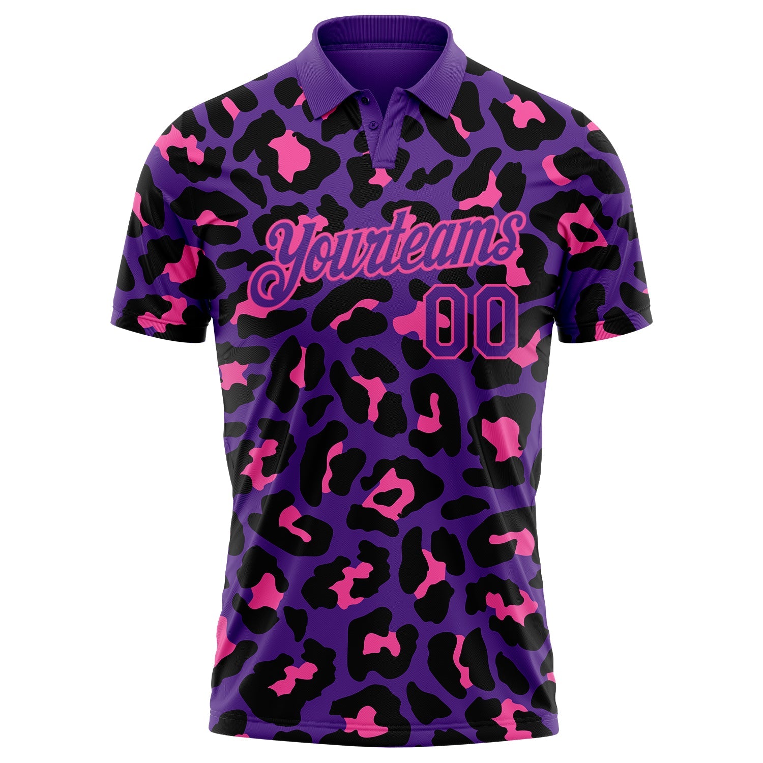 Custom Purple Pink 3D Pattern Design Leopard Print Performance Golf Polo Shirt view 2