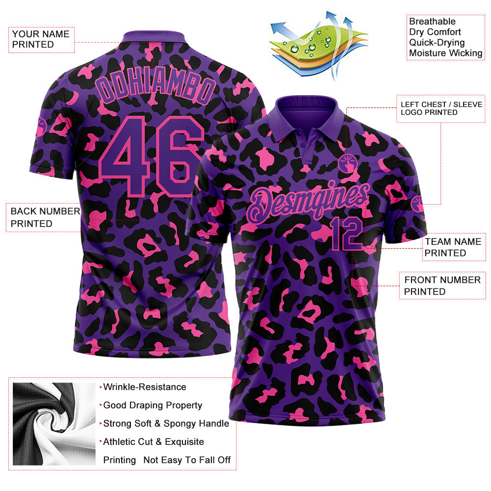Custom Purple Pink 3D Pattern Design Leopard Print Performance Golf Polo Shirt view 3