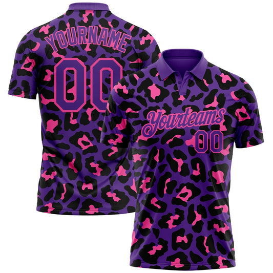 Custom Purple Pink 3D Pattern Design Leopard Print Performance Golf Polo Shirt - Main View