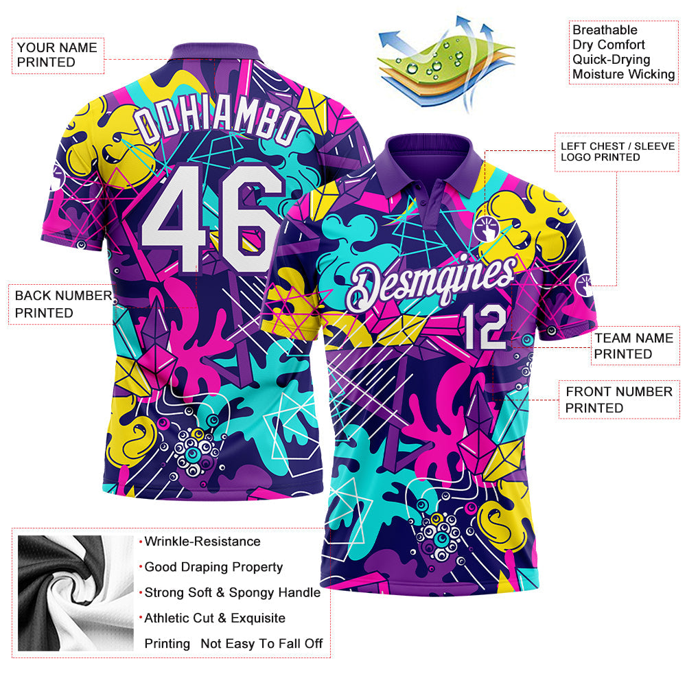 Custom Graffiti Pattern White-Purple 3D Performance Golf Polo Shirt view 3