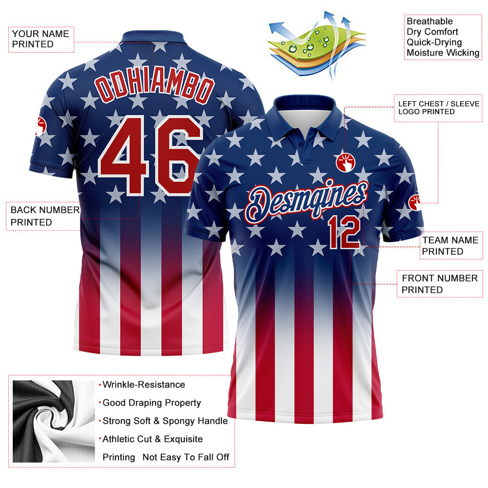 Custom Blue Red-White 3D American Flag Performance Golf Polo Shirt view 3
