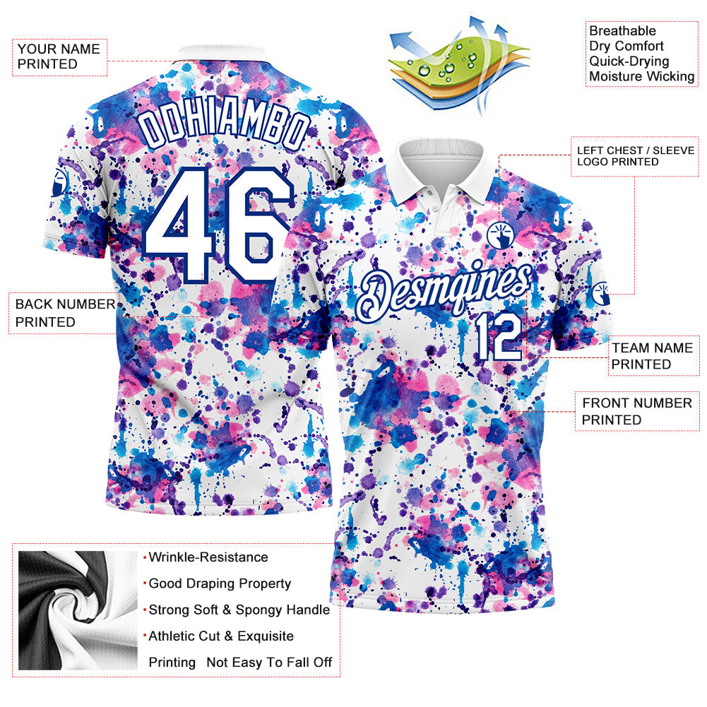 Custom Graffiti Pattern White-Royal 3D Abstract Watercolor Performance Golf Polo Shirt view 3