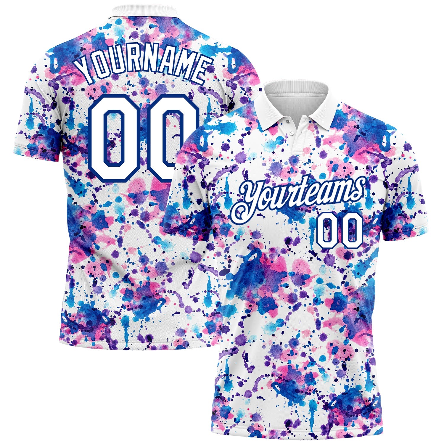 Custom Graffiti Pattern White-Royal 3D Abstract Watercolor Performance Golf Polo Shirt - Main View