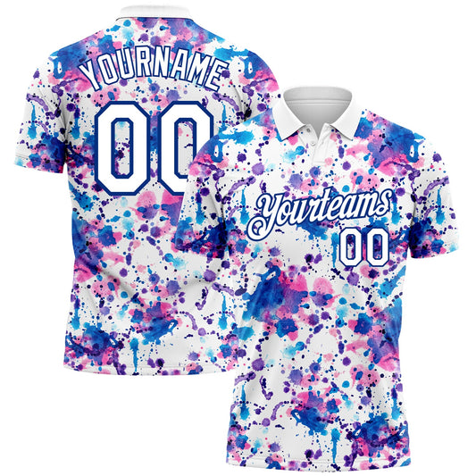 Custom Graffiti Pattern White-Royal 3D Abstract Watercolor Performance Golf Polo Shirt - Main View