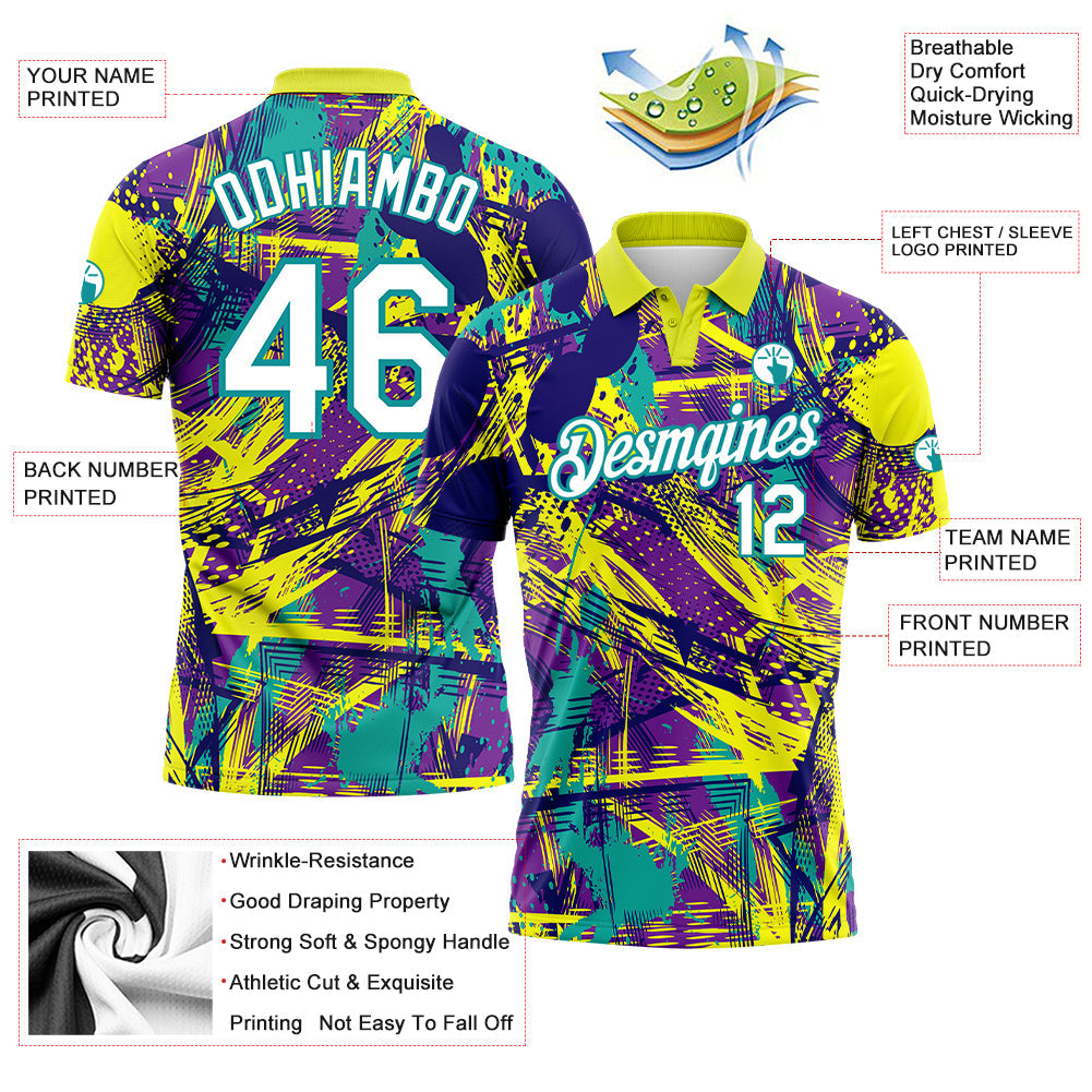 Custom Graffiti Pattern White-Teal 3D Abstract Urban Performance Golf Polo Shirt view 3