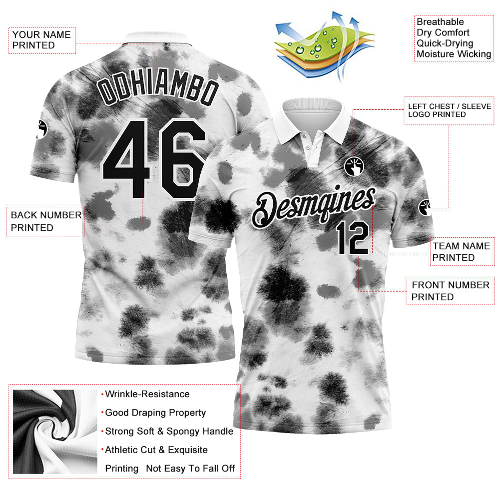 Custom Tie Dye Black-White 3D Performance Golf Polo Shirt view 3